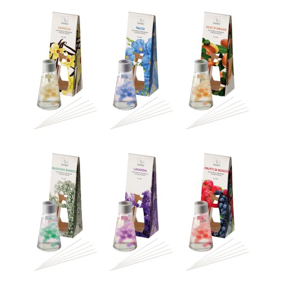 DIFFUSORE FRAGRANZA CON GEL+BASTONCINI - 6 FRAGRANZE ASSORTITI