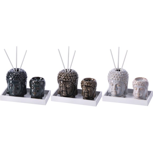 KIT DECORAZIONE VASSOIO CON DIFFUSORE E PORTA CANDELA - COLORI ASSORTITI