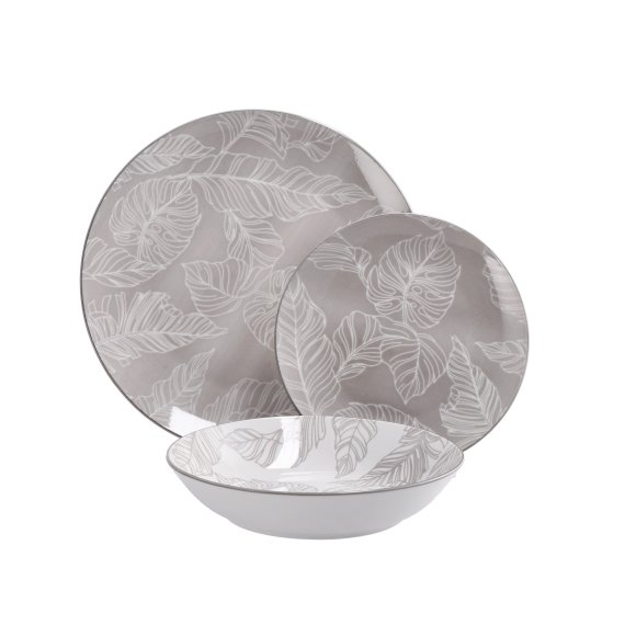 SERVIZIO 18 PIATTI IN CERAMICA CON FOGLIE - GRIGIO