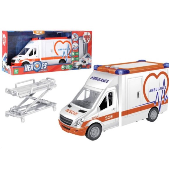 AMBULANZA A FRIZIONE GLOBO CON LUCI, SUONI E BARELLA - GIOCATTOLO INTERATTIVO