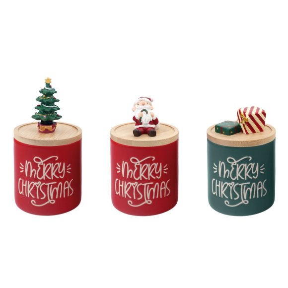 NATALE  BARATTOLO IN CERAMICA  COPERCHIO IN BAMBU' MODELLI ASSORTITI DIAM.9CM
