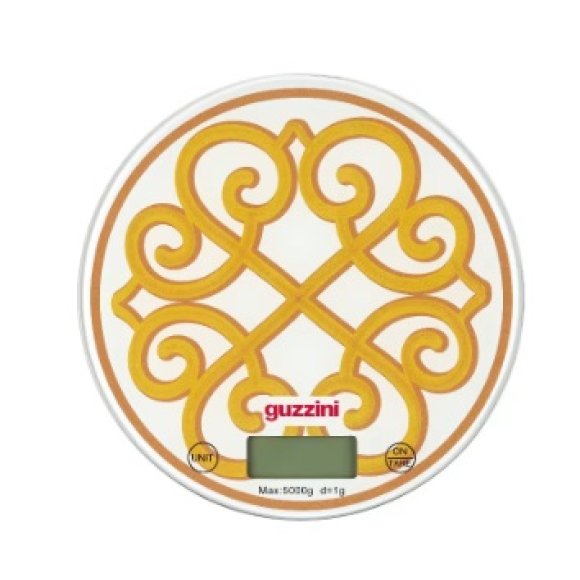 GUZZINI NATALE BILANCIA DA CUCINA TONDA " HARMONIA" IN VETRO TEMPERATO GIALLA ORO 