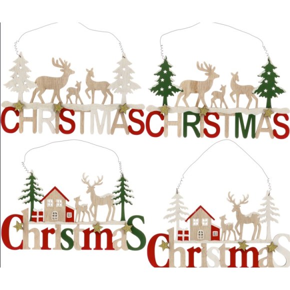 NATALE- DECORAZIONE IN LEGNO SCRITTA CHRISTMAS- COLORI ASSORTITI 25CM 