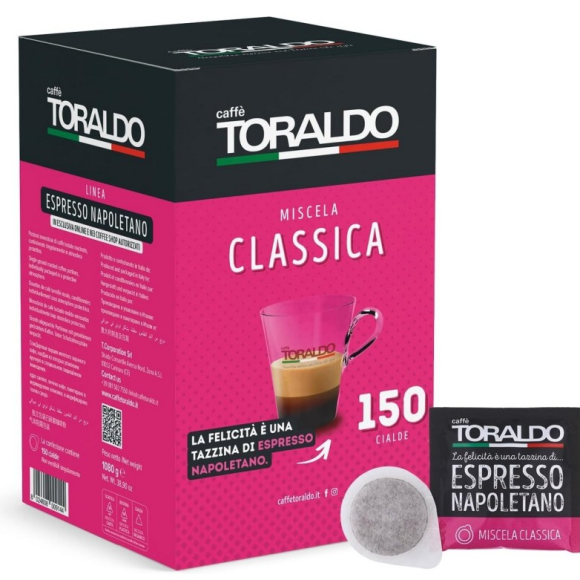 TORALDO BOX 150 CIALDE CAFFÈ  MISCELA CLASSICA ESE 44 MM ARABICA ROBUSTA COMPOSTABILI GUSTO DECISO E AROMATICO