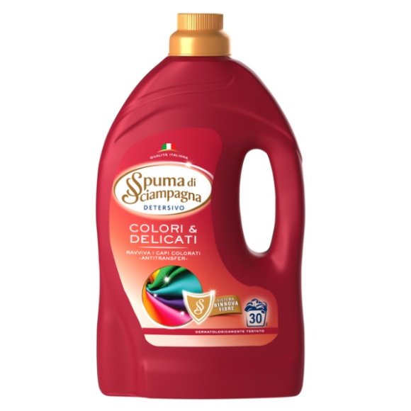 SPUMA DI SCIAMPAGNA DETERSIVO LIQUIDO BUCATO LAVATRICE COLORATI & DELICATI 30 LAVAGGI 1350 ML SPUMA DI SCIAMPAGNA DETERSIVO LIQUIDO BUCATO LAVATRICE COLORATI & DELICATI 30 LAVAGGI 1350 ML