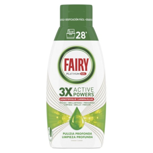 FAIRY PLATINUM GEL 3 X ACTIVE POWERS LAVASTOVIGLIE PULIZIA PROFONDA LIMONE 28 LAVAGGI 504 ML