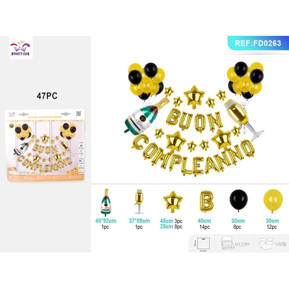 SET PALLONCINO MYLAR SCRITTA "BUON COMPLEANNO" - ORO