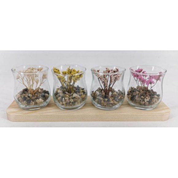 DECORAZIONE IN LEGNO E VETRO CON GIORI SECCHI - 8,5X10X29 CM 