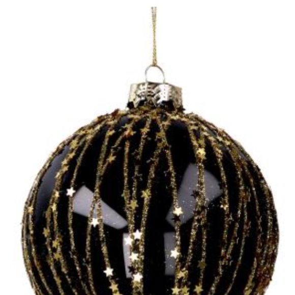NATALE SFERA IN VETRO NERA ED ORO CON GLITTER 8CM 