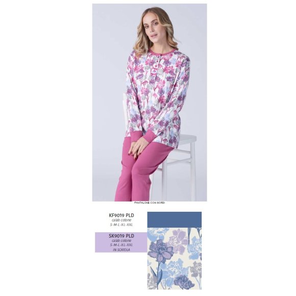 KAREL- PIGIAMA DONNA CALDO COTONE LUNGO SK9019PLD-(BLU)