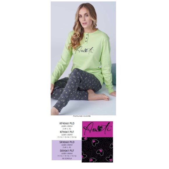 KARELPIU- PIGIAMA DONNA CALDO COTONE LUNGO SK9060PLD- (NERO E MAGENTA)
