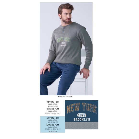 KARELPIU-PIGIAMA UOMO MORBIDO COTONE LUNGO SK9342PLU - GRIGIO E BLU 