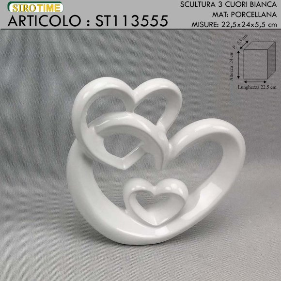 SCULTURA TRE CUORI 24 CM - BIANCO