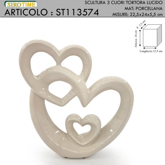 SCULTURA TRE CUORI 24 CM - TORTORA