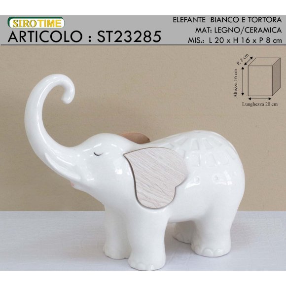 ELEFANTE IN CERAMICA E LEGNO - BIANCO