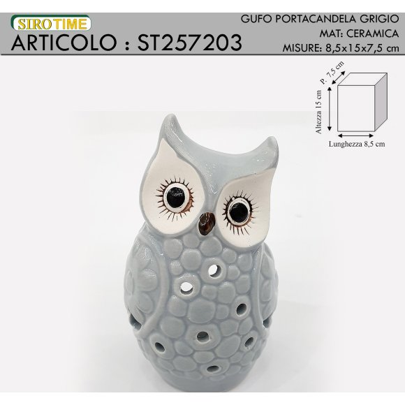 GUFO PORTA CANDELA 15 CM - GRIGIO