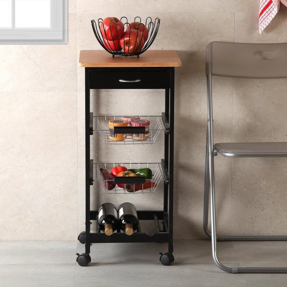 CARRELLO DA CUCINA CON RUOTE 2 CESTE - NERO 