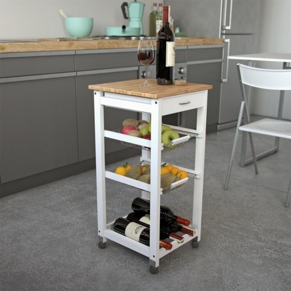 CARRELLO DA CUCINA CON RUOTE 2 CESTE - BIANCO