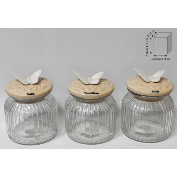 SET 3 BARATTOLI IN VETRO CON COPERCHIO IN CERAMICA