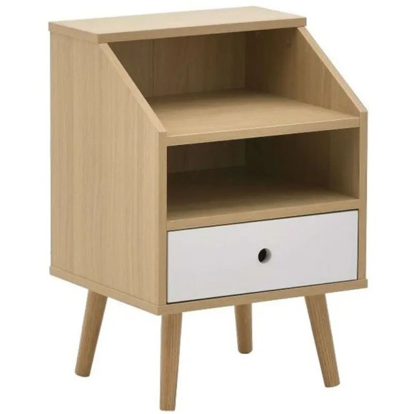COMODINO IN LEGNO NATURALE E BIANCO