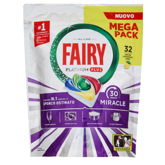 Fairy Pastiglie Lavastoviglie Platinum Plus All in One Miracle, Detersivo Piatti Limone 32 Caps 527g