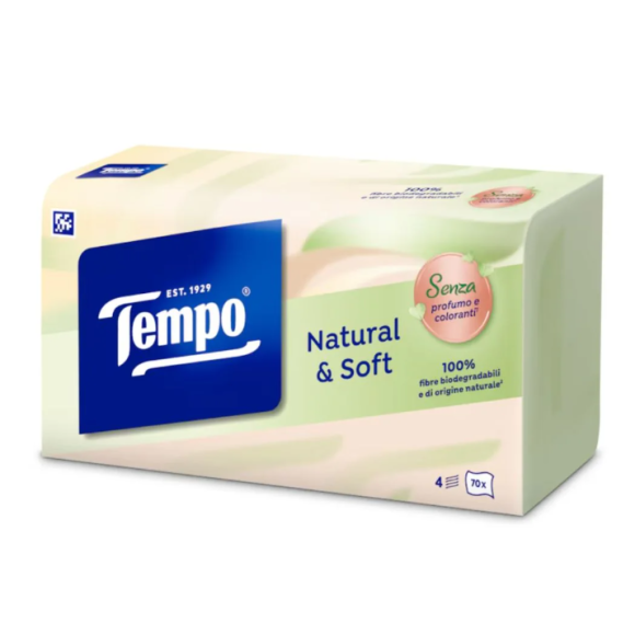TEMPO FAZZOLETTI Natural & Soft per Uso Quotidiano Box 70 Pezzi