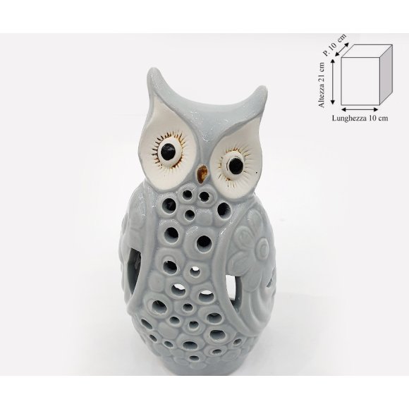 GUFO PORTA CANDELA 21 CM - GRIGIO