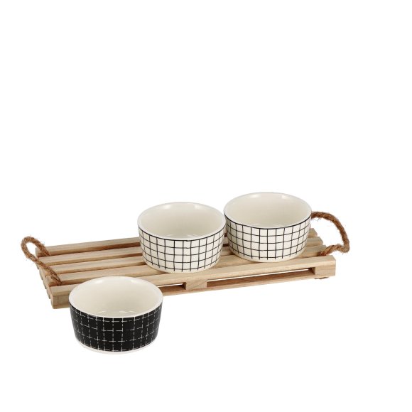 ​​​​​​​SET 3 CIOTOLE IN CERAMICA CON VASSOIO IN LEGNO