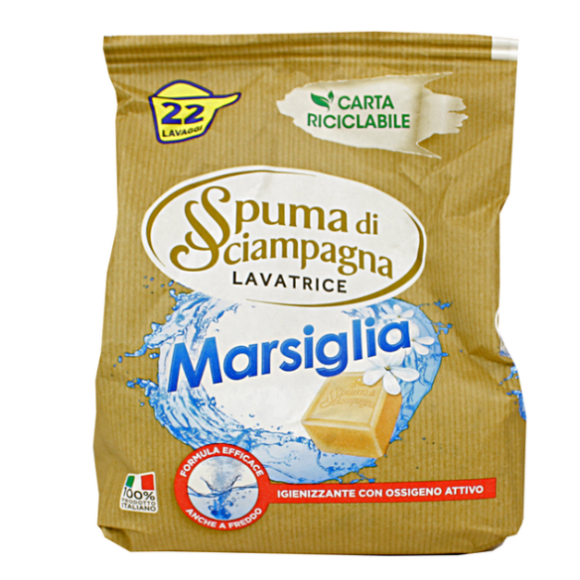 SPUMA DI SCIAMPAGNA DETERSIVO LAVATRICE IN POLVERE MARSIGLIA SACCO 22 LAVAGGI -990GR SPUMA DI SCIAMPAGNA DETERSIVO LAVATRICE IN POLVERE MARSIGLIA SACCO 22 LAVAGGI -990GR