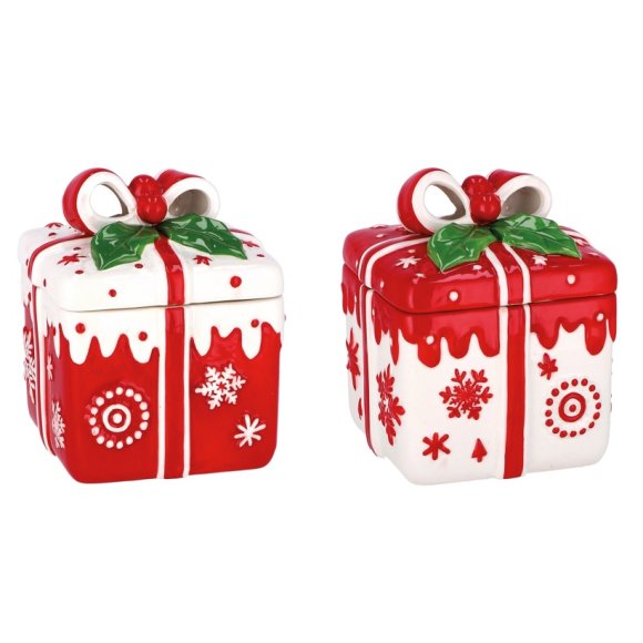 NATALE- SCATOLA IN CERAMICA A FORMA DI DONO- COLORI ASSORTITI