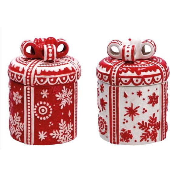 NATALE-SCATOLA IN CERAMICA  A FORMA DI DONO- COLORI ASSORTITI