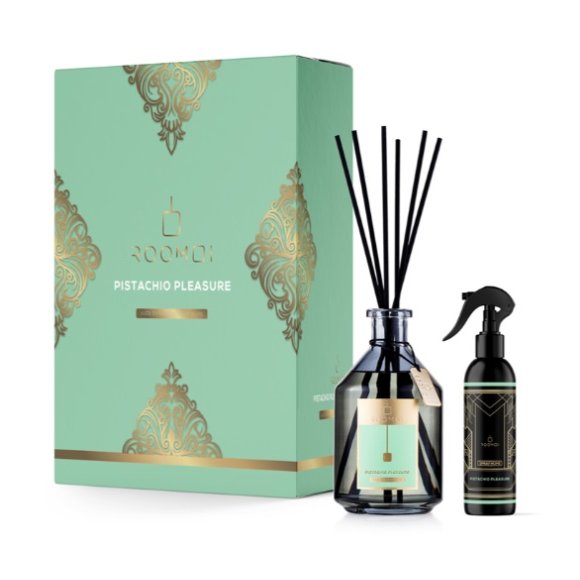 ROOMOI COFANETTO PISTACHIO PLEASURE  REED DIFFUSER 500 ML + SPRAY 200 ML + BASTONCINI