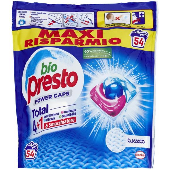 Bio Presto Power Caps Total Classico – 54 Capsule Lavatrice | Detersivo 4+1 Azioni | Maxi Risparmio