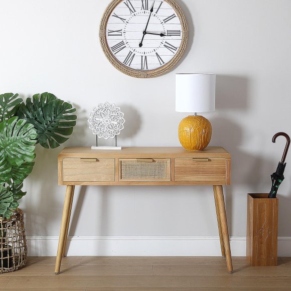 TAVOLO BASSO CON TRE CASSETTI IN LEGNO RATTAN