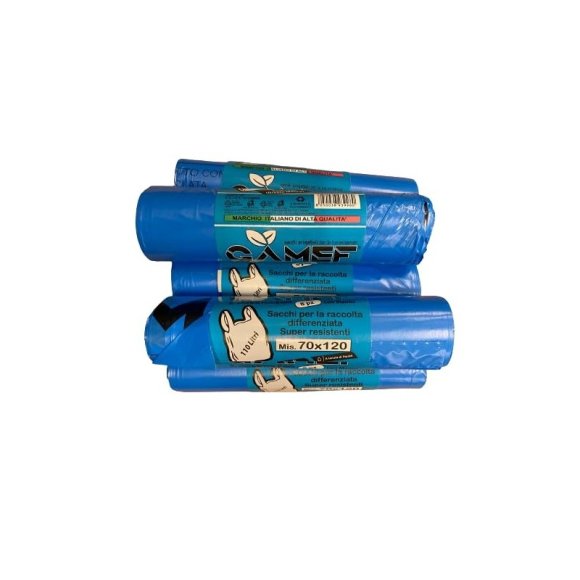 SACCHI PER RACCOLTA DIFFERENZIATA CON MANICI BLU 70X120-110 Lt GAMEF PROFUMATI BREZZA MARINA A TENUTA DI LIQUIDI