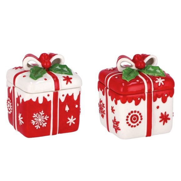NATALE-SCATOLA IN CERAMICA A FORMA DI DONO - COLORI ASSORTITI