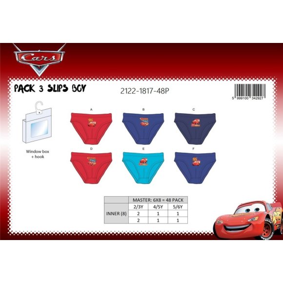 SET 3 SLIP CARS - TAGLIA DA 2 A 6 ANNI