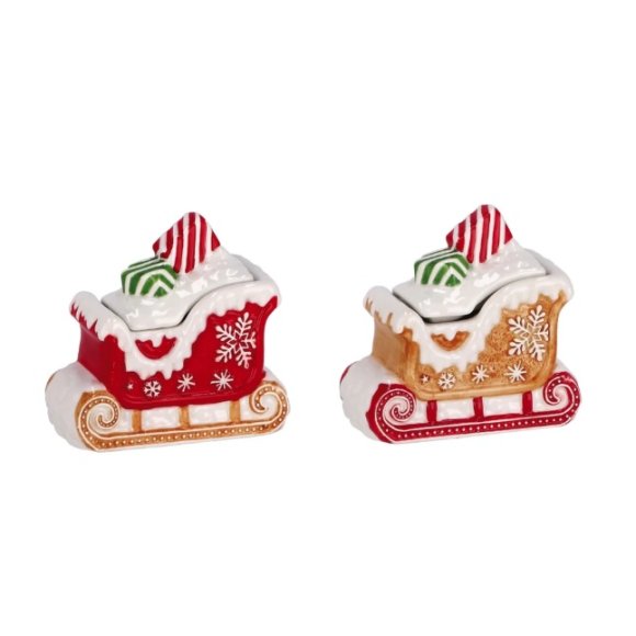 NATALE- SCATOLA A FORMA DI SLITTA IN CERAMICA 12X7XH12 CM - COLORI ASSORTITI 