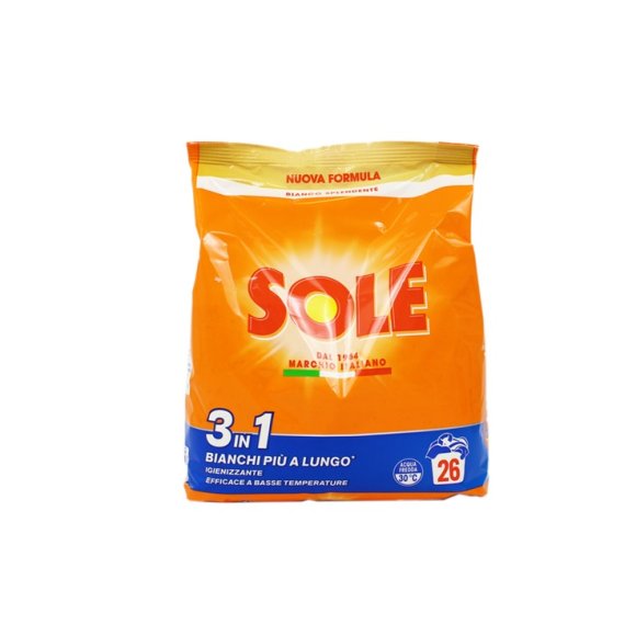 Detersivo in Polvere SOLE 3 in 1 – 26 Lavaggi – Bianco Splendente, Igienizzante, Efficace a Basse Temperature