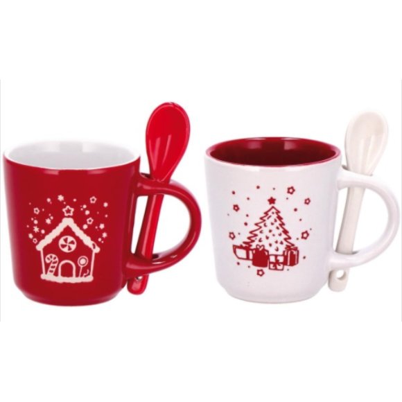 NATALE - TAZZA + CUCCHIAIO IN CERAMICA CORBY - COLORI ASSORTITI 