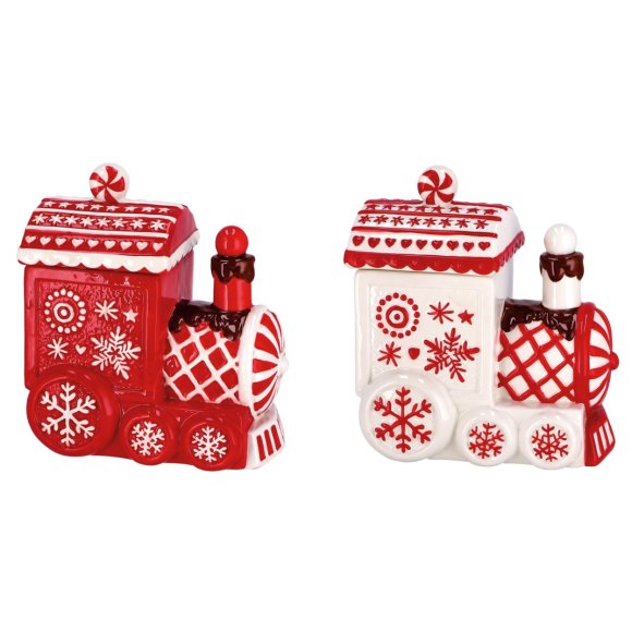 NATALE-SCATOLA  IN CERAMICA A FORMA DI LOCOMOTIVA - COLORI ASSORTITI