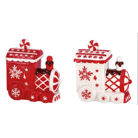 NATALE-SCATOLA IN CERAMICA  A FORMA DI LOCOMOTIVA - COLORI ASSORTITI