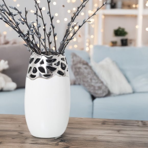 VASO IN CERAMICA BIANCO E ARGENTO 29 CM