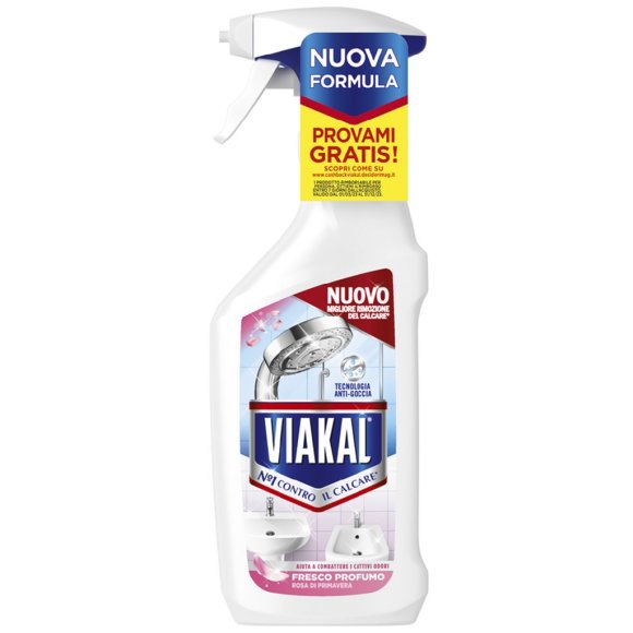 Viakal Spray Anticalcare - Formula Migliorata con Tecnologia Anti-Goccia, Profumo Rosa di Primavera